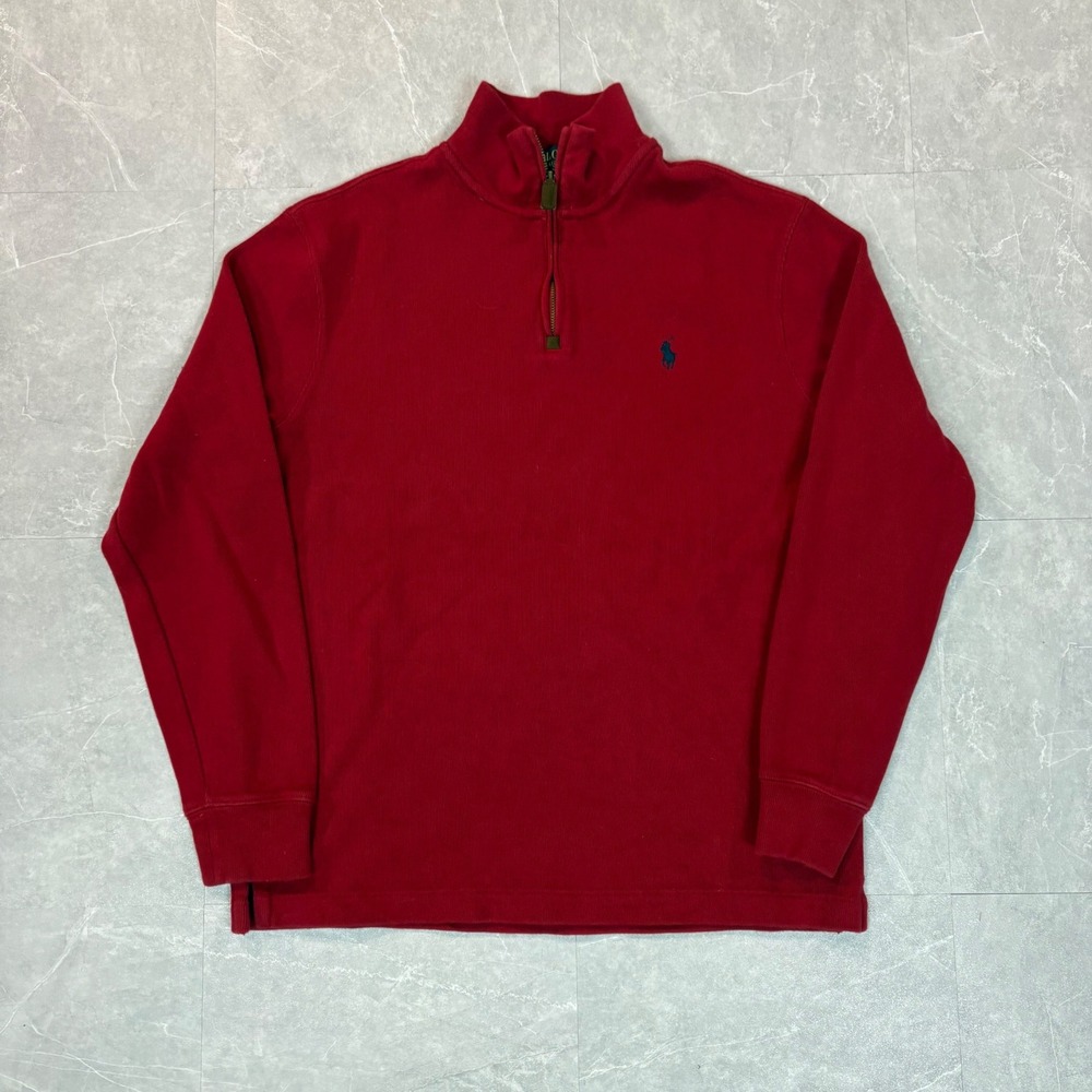 Polo Ralph Lauren Mens Red Quarter Zip Pullover Cotton Ribbed Sweater Size M